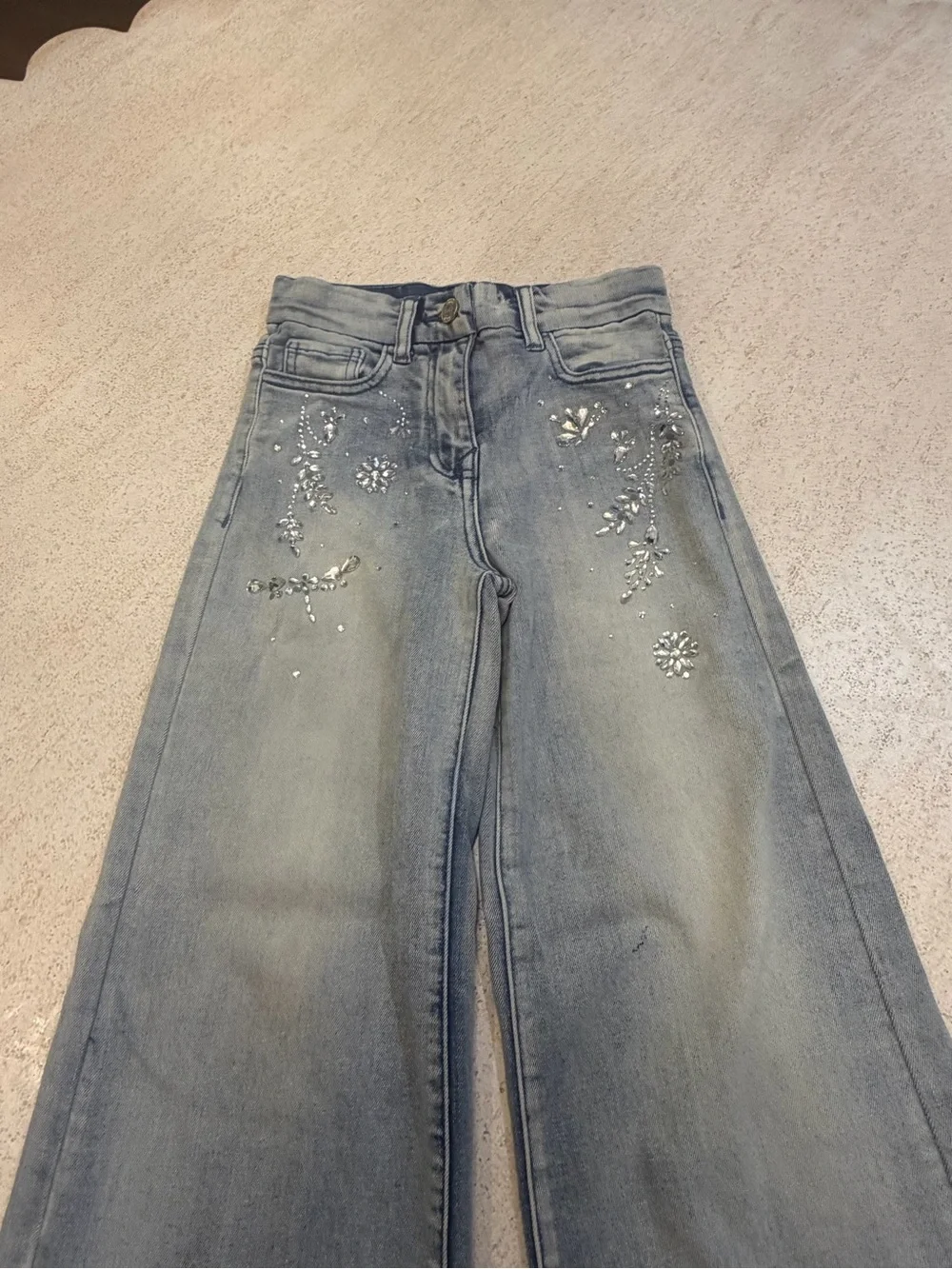 Monnalisa Light Blue Wide Leg Jeans with Embellished Detail, Size 8
